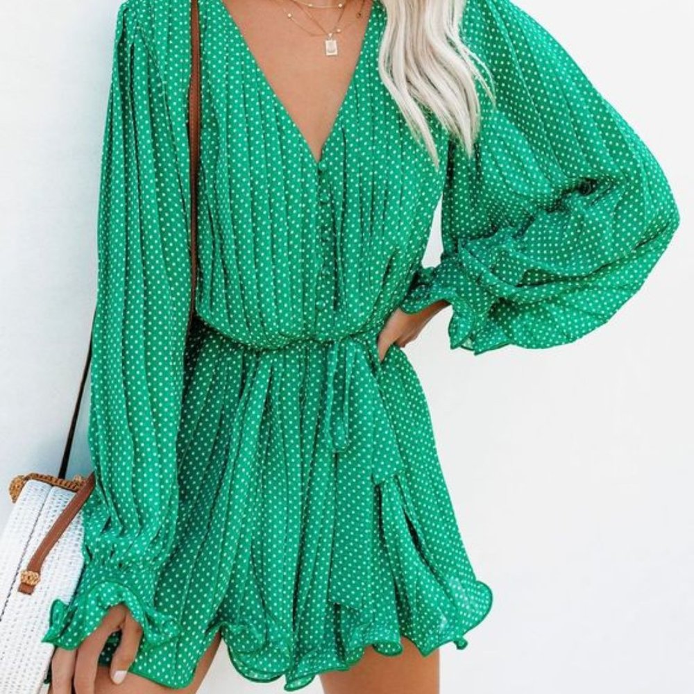 VIERA POLKA DOT PLEATED ROMPER - GREEN
